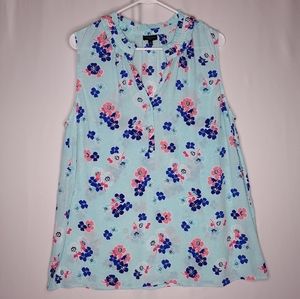 Talbots Top Size X Blue Polka Dot Floral Sleeveless Ruffle Vneck Button Chiffon